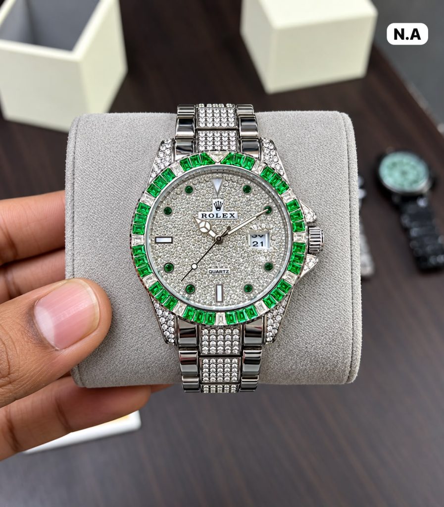 First Copy Rolex Style Diamond Watch Gold Front View