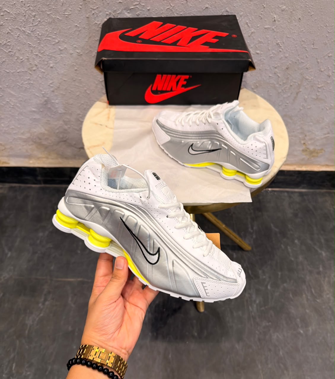 First Copy Restock Nike Shox R3 White Metallic Neon