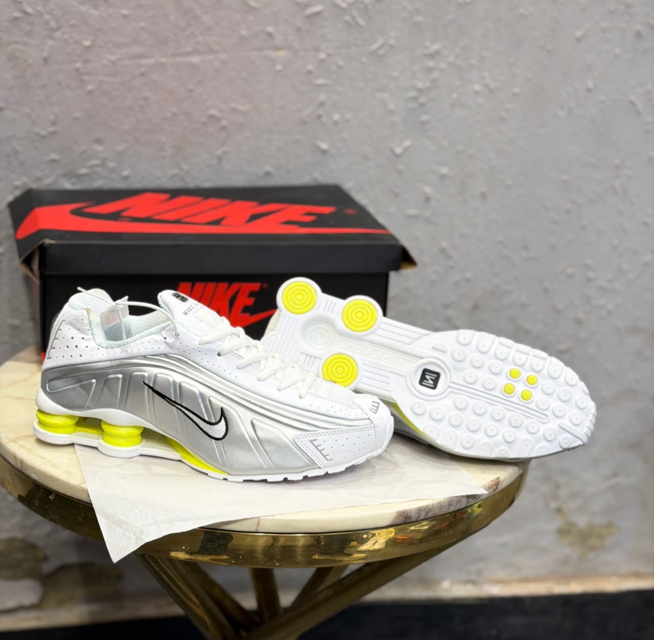 First Copy Restock Nike Shox R3 White Metallic Neon
