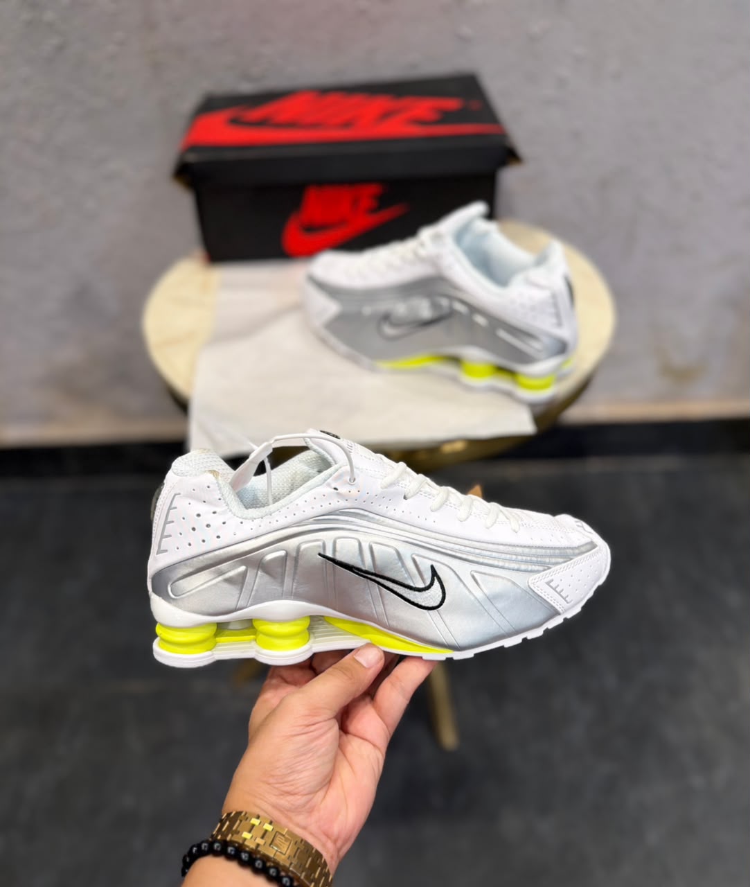 First Copy Restock Nike Shox R3 White Metallic Neon
