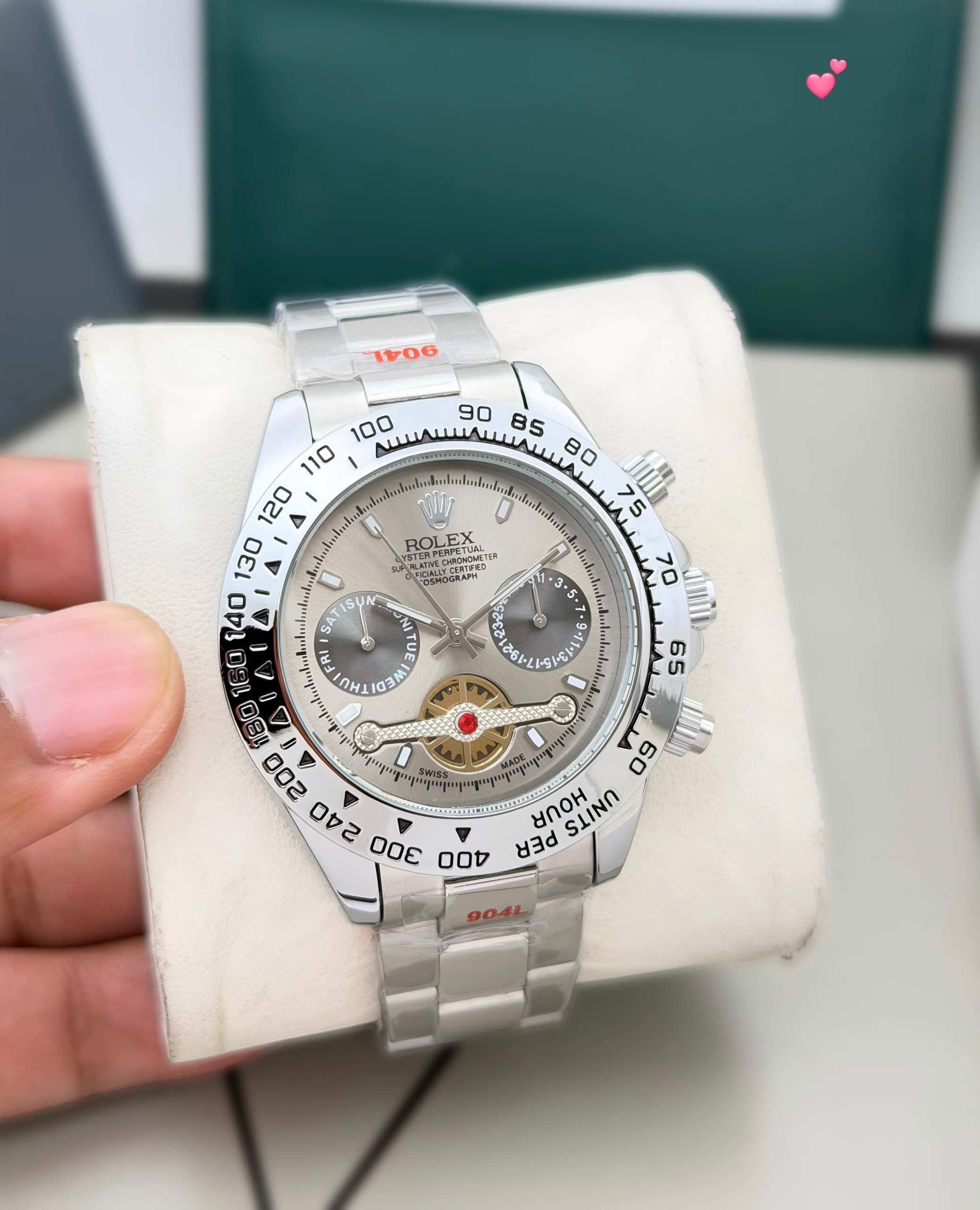 First Copy Rolex Daytona Open Heart Watch All Steel Grey Dial Front View