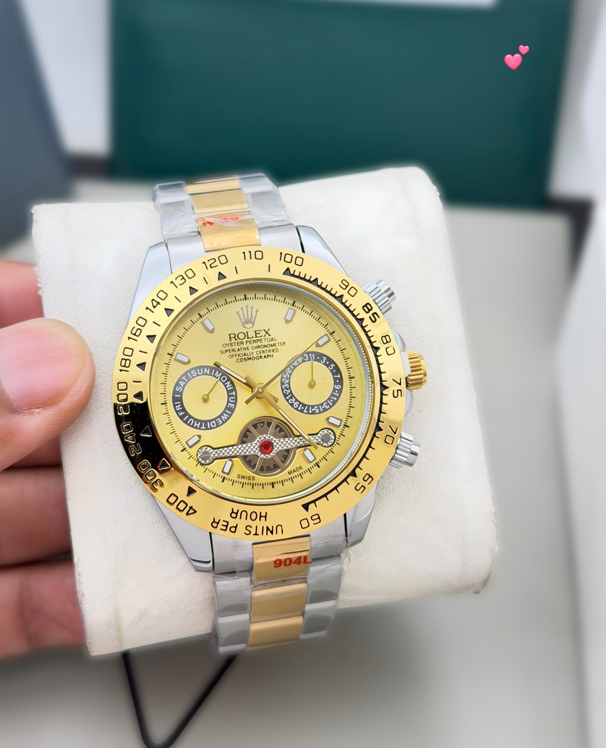 First Copy Rolex Daytona Open Heart Watch Two-Tone Champagne Gold Dial Front View