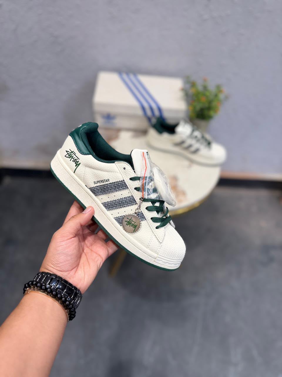 First Copy Adidas Originals Superstar Stussy Edition Sneakers with Keychain view 2